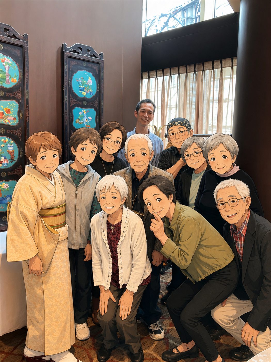 給食ボランティアの食事会で撮影した集合写真のイラスト加工画像