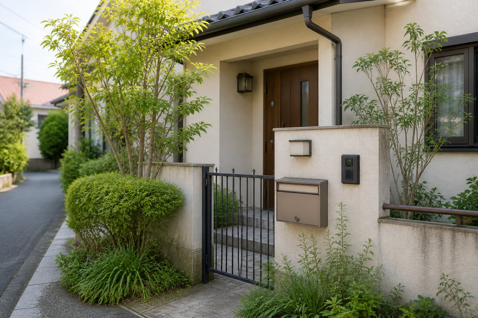 郵便受け、インターホン、植木が見える住宅外観の確認イメージ